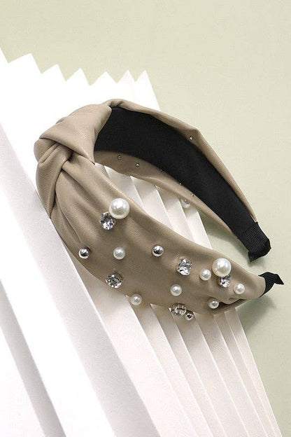 KNOTTED FAUX LEATHER PEARL RHINESTONE HAIR BANDS