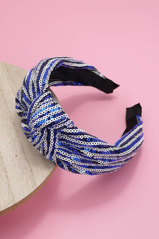 SEQUIN STRIPE EMBELLISHED KNOT HEADBAND: Blue