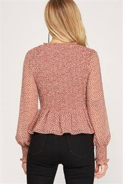 Dusty Rose Puff Sleeve Smocked Peplum Top: DUSTY ROSE