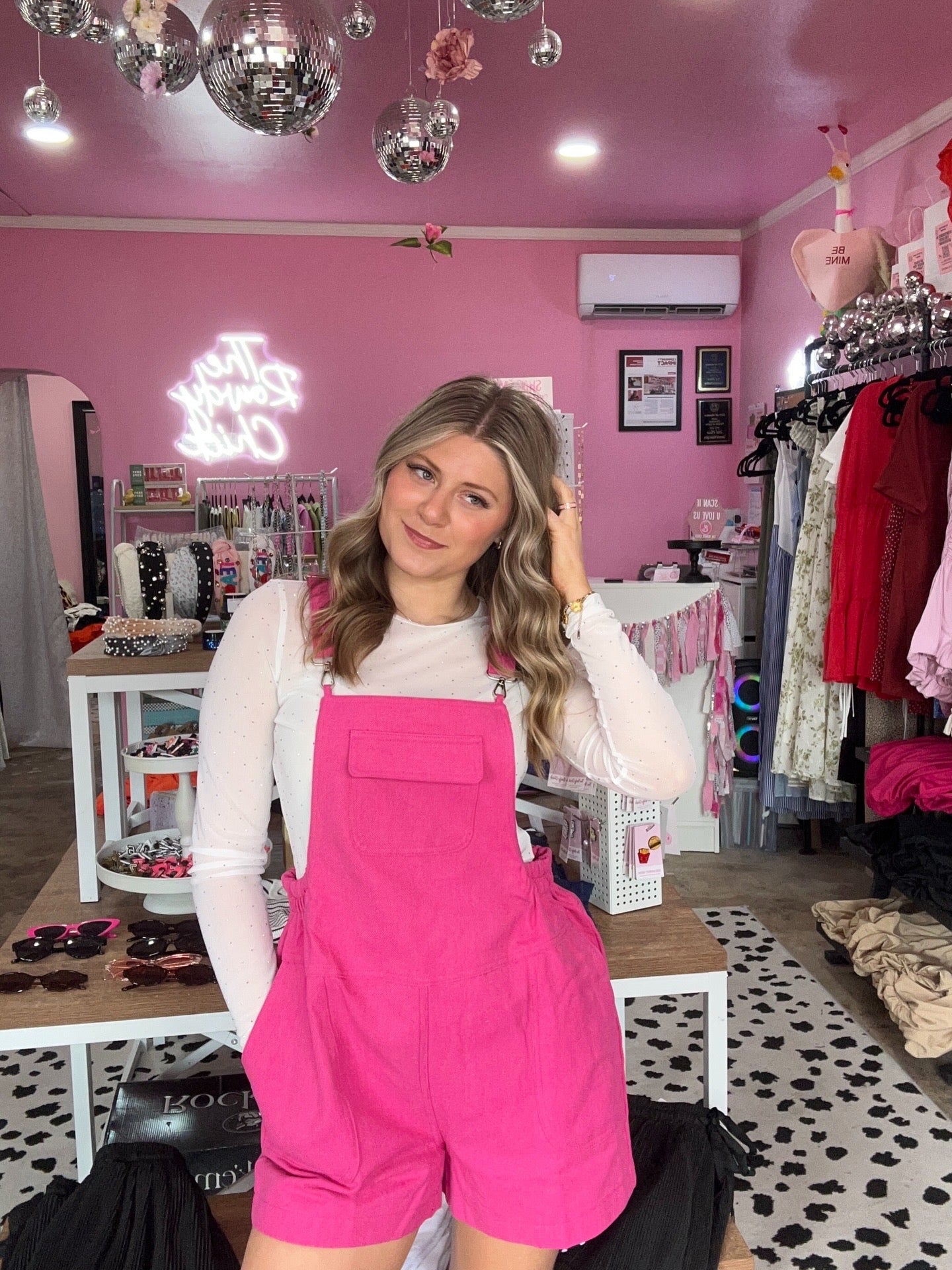 Woven Casual Overall Romper: Pink