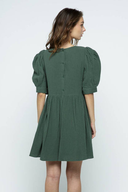 Puff Short Sleeve Mini Dress- Green