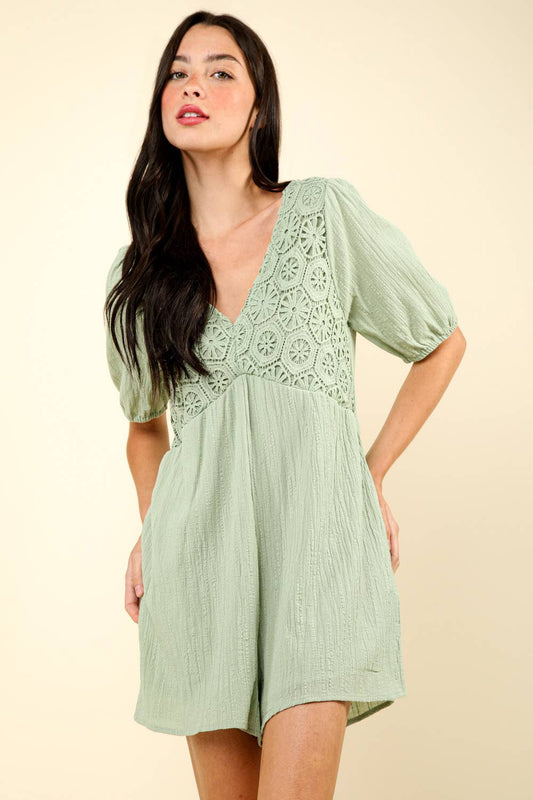 Lace Detail Puff Sleeve Solid Woven Romper: SAGE