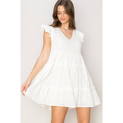 DOUBLE GAUZE TIERED MINI DRESS: OFF WHITE