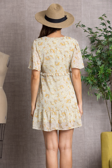 CHIFFON EMPIRE RUFFLE TRIM V-NECK MINI DRESS: SAGE