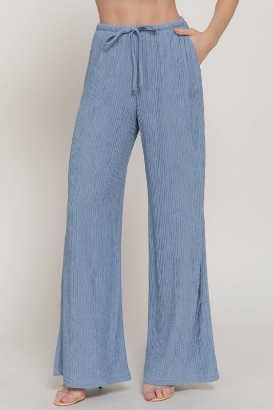 Waistband with String Crinkle Knit Long Pants: BLU-blue / S