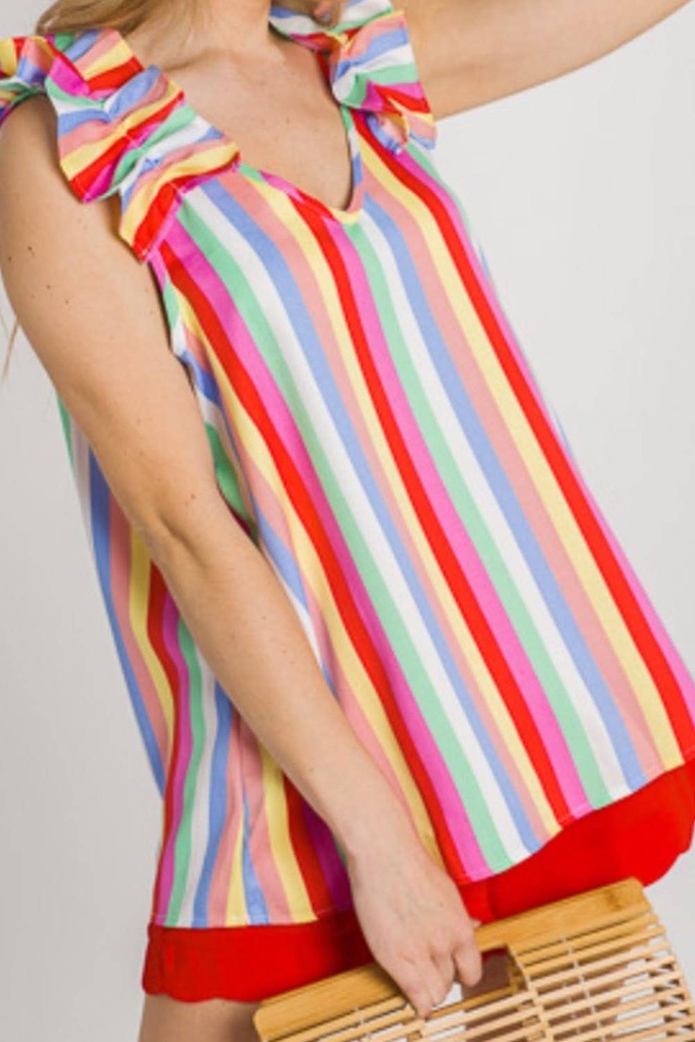 Colorful Striped Ruffled Shoulder V Neck Top