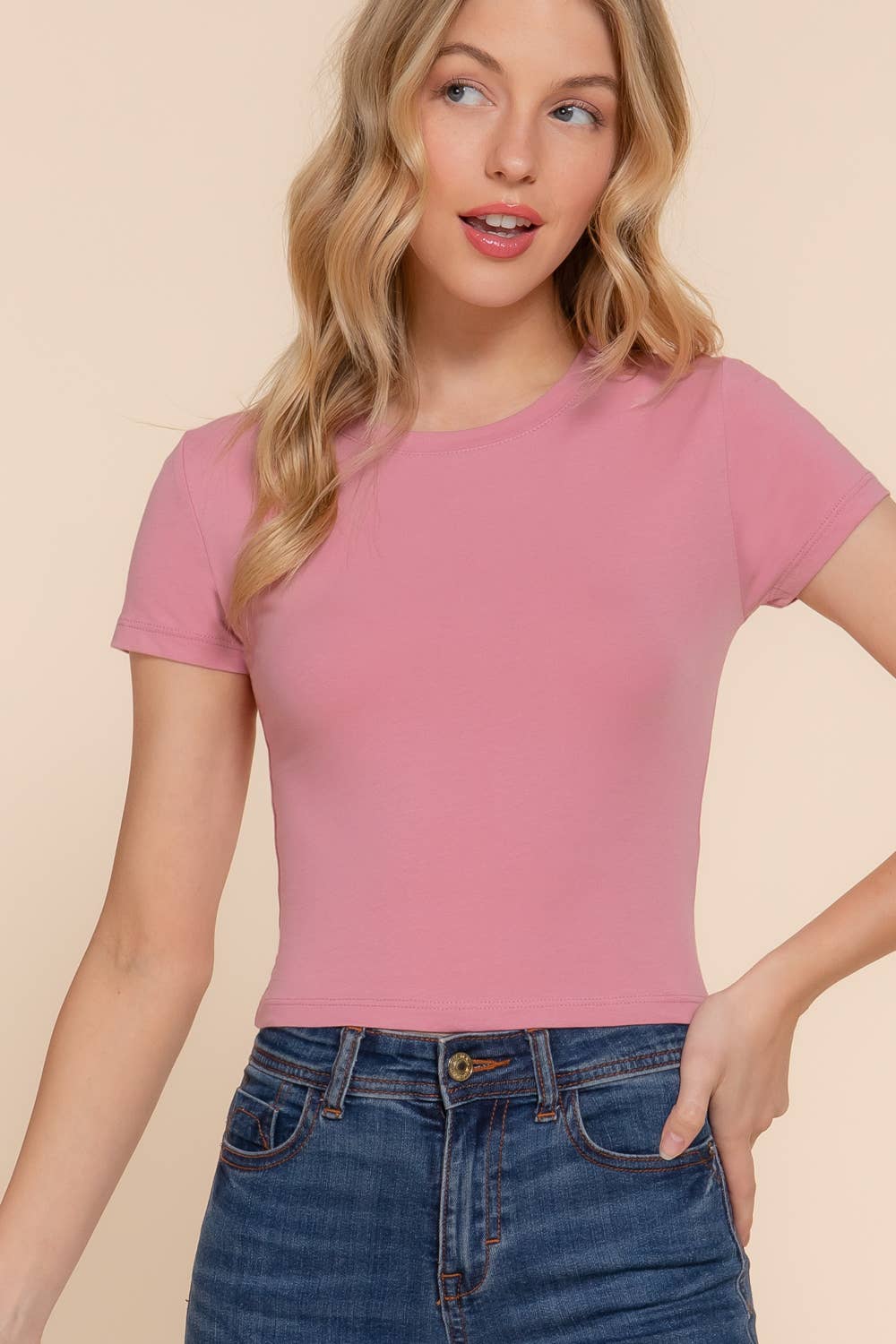 Basic Short Sleeve Crew Neck Crop: PNK