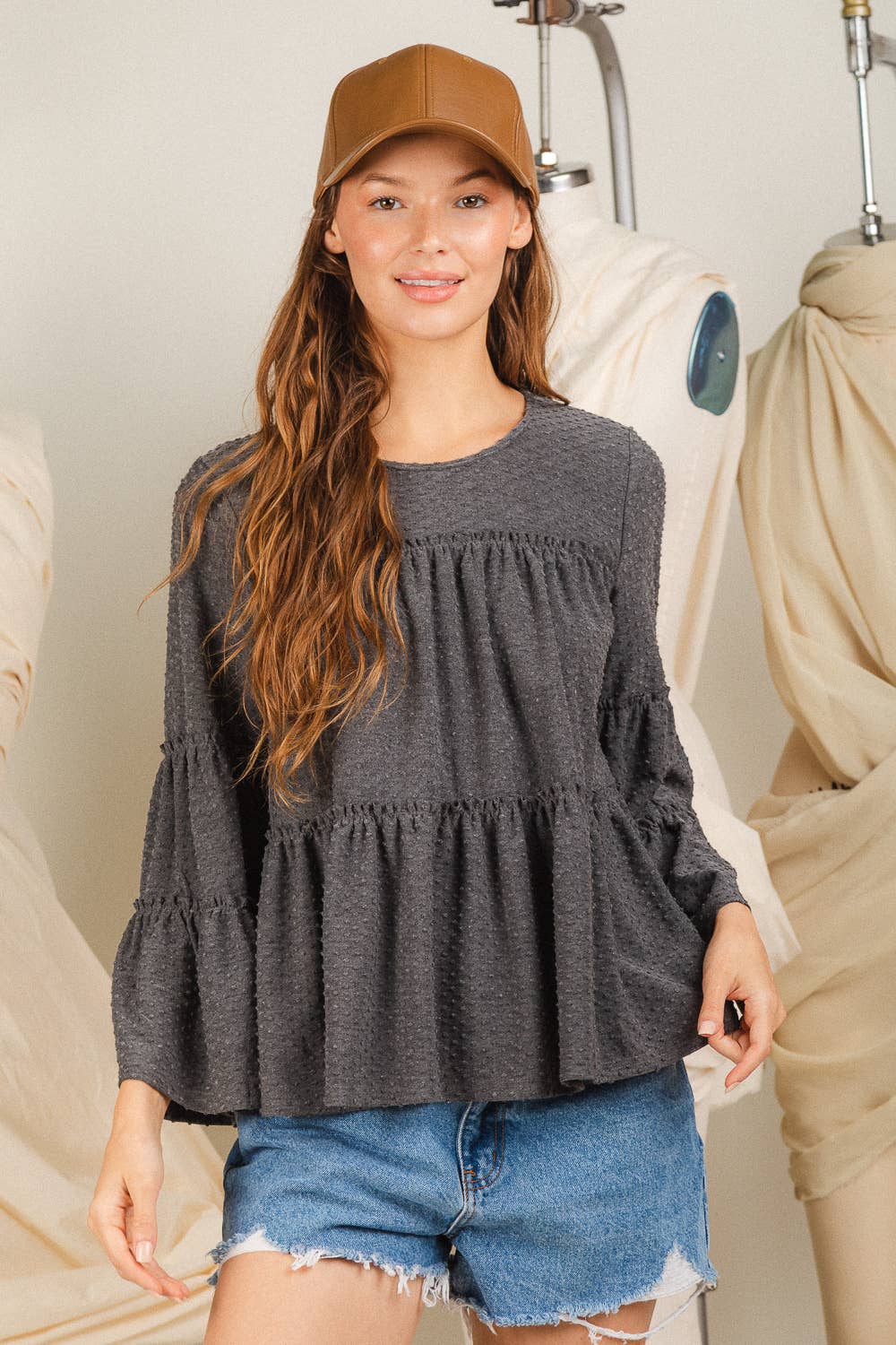 Tiered solid woven top: CHARCOAL