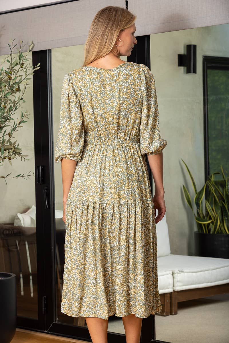 SALE: Floral print v-neck tie waist wrap dress: SAGE