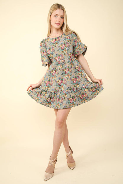 Floral Jacquard Fabric Holiday Mini Dress: BEIGE MIX