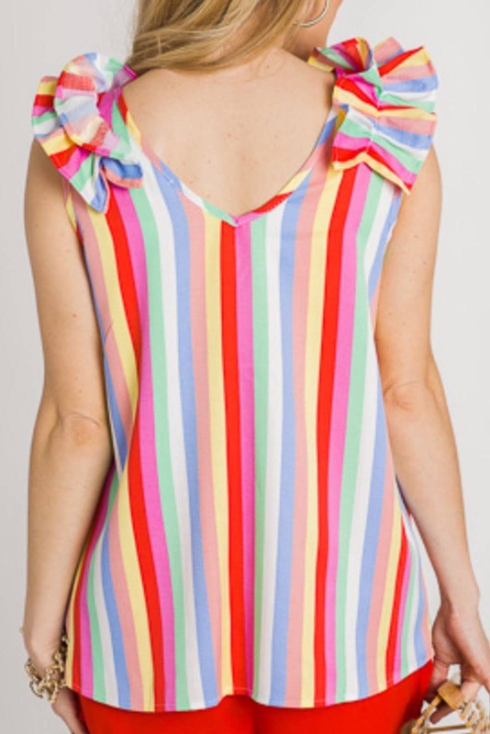 Colorful Striped Ruffled Shoulder V Neck Top