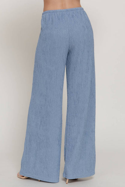 Waistband with String Crinkle Knit Long Pants: BLU-blue / S