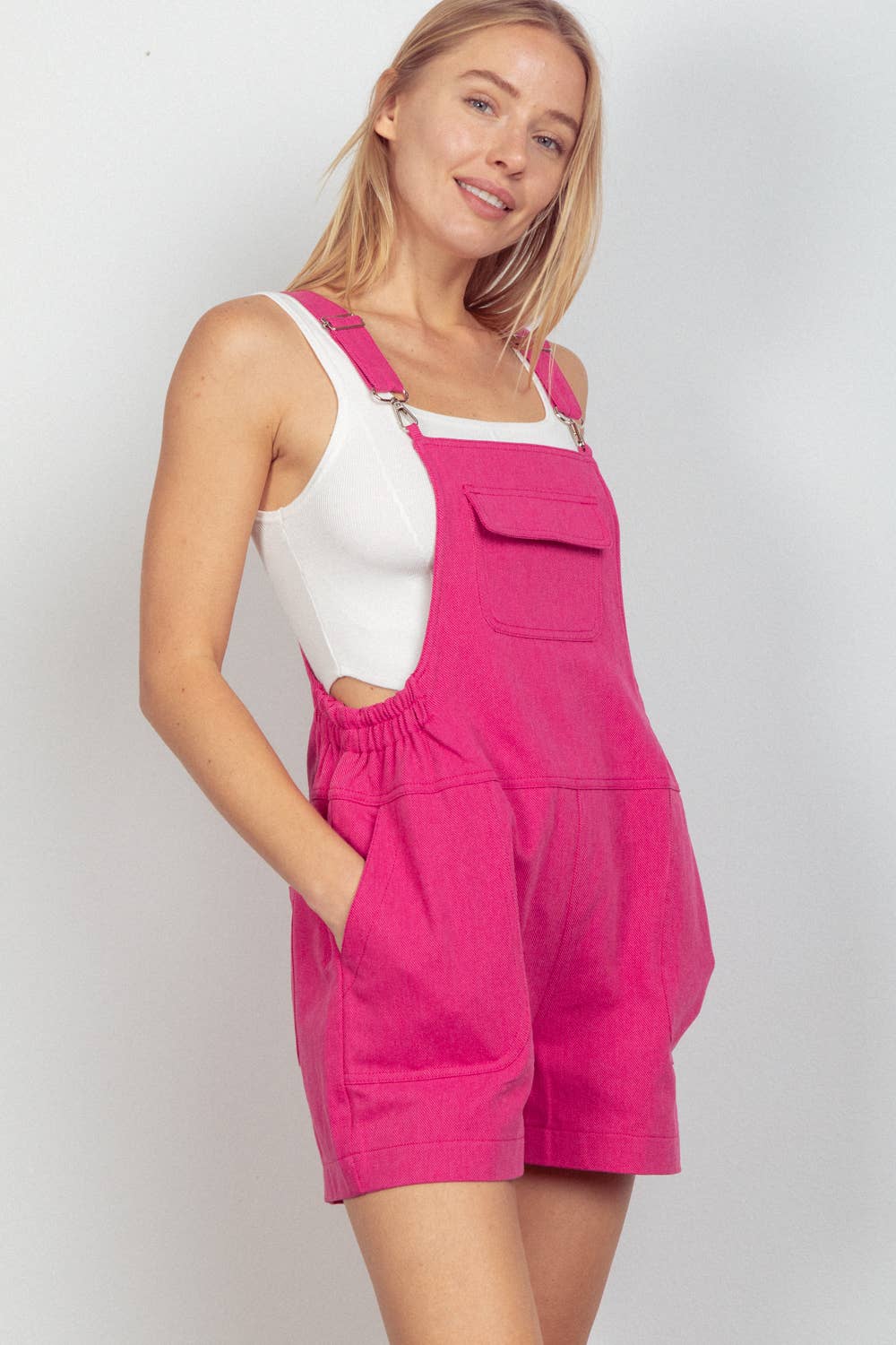 Woven Casual Overall Romper: Pink