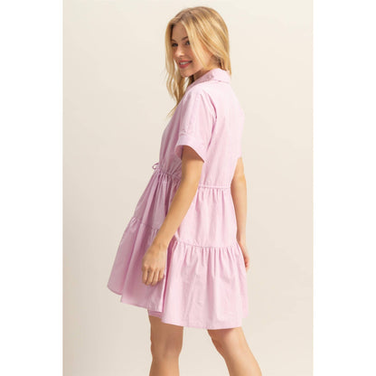 Drawstring Waist Poplin Tiered Mini Dress