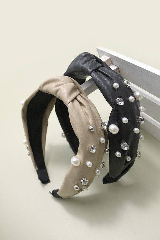 KNOTTED FAUX LEATHER PEARL RHINESTONE HAIR BANDS