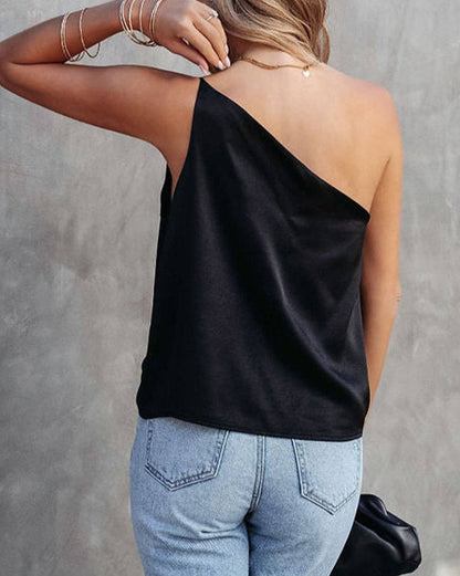 Satin One Shoulder Tank Top: Black