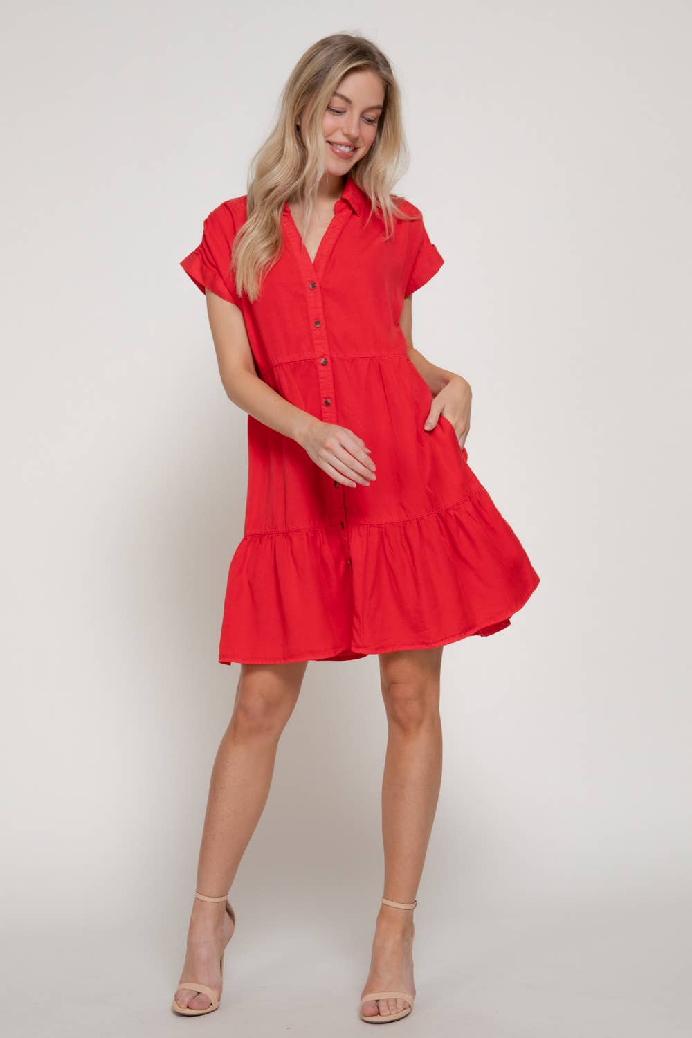 Short Sleeve Ruffled Mini Dress: Red