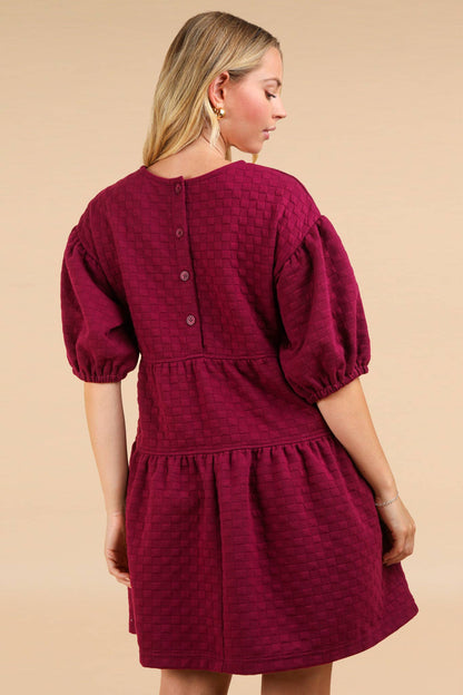 Quilted Knit Puff Sleeve Babydoll Dress PLUS SIZE: RASPBERRY