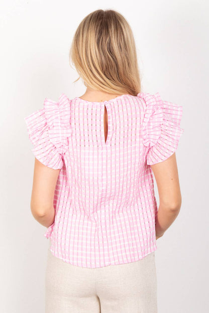Layer Ruffle Sleeve Plaid Flannel Woven Top: Pink