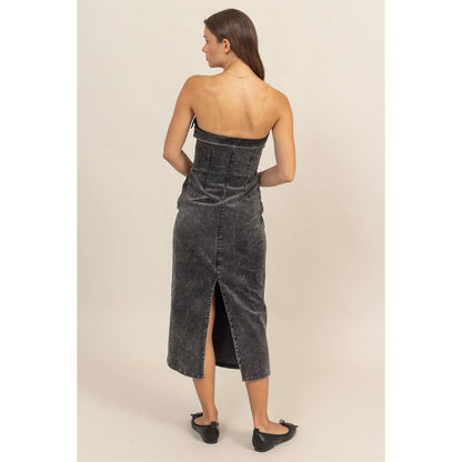 WASHED CORDUROY STRAPLESS DRESS: BLACK