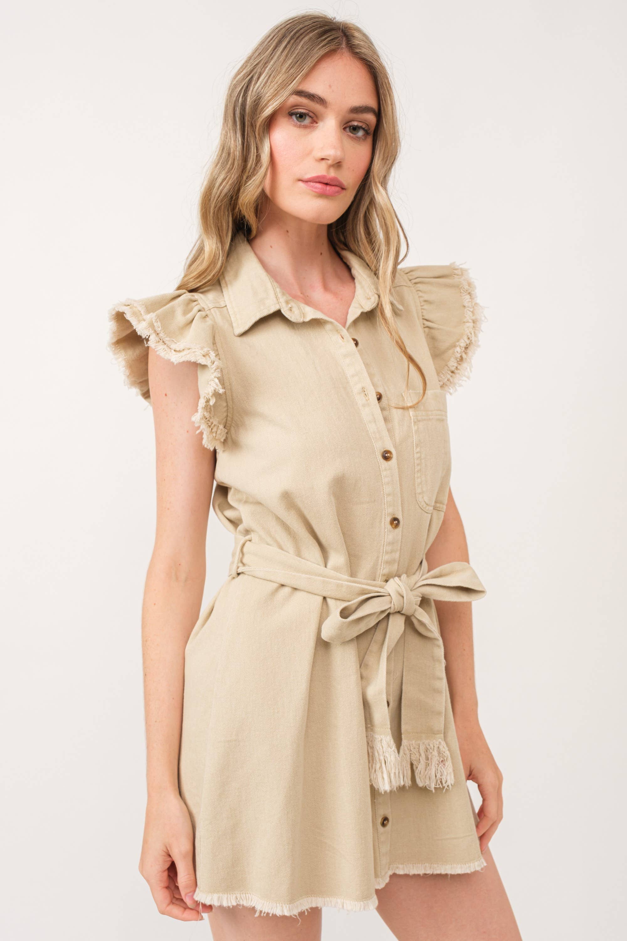 BEIGE COLLARED BUTTON DOWN SELF-TIE BELT MINI DRESS