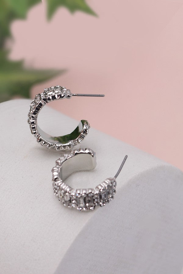 Silver- Rhinestone Classic Hoop Earrings