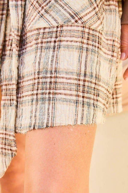 Bubble Sleeve Waist Belt Plaid Shirts Dress: TAUPE/BROWN