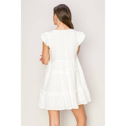 DOUBLE GAUZE TIERED MINI DRESS: OFF WHITE