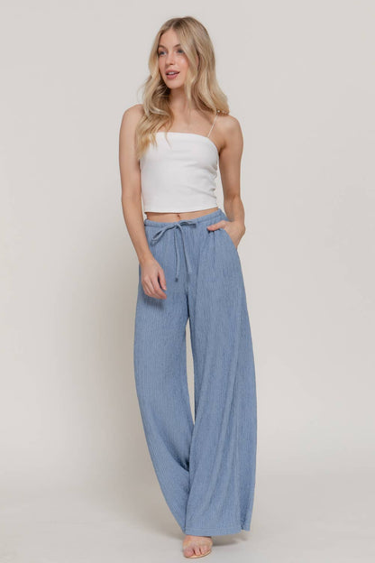 Waistband with String Crinkle Knit Long Pants: BLU-blue / S