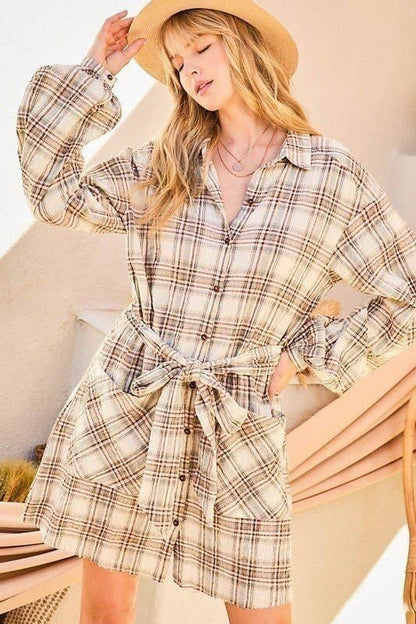 Bubble Sleeve Waist Belt Plaid Shirts Dress: TAUPE/BROWN