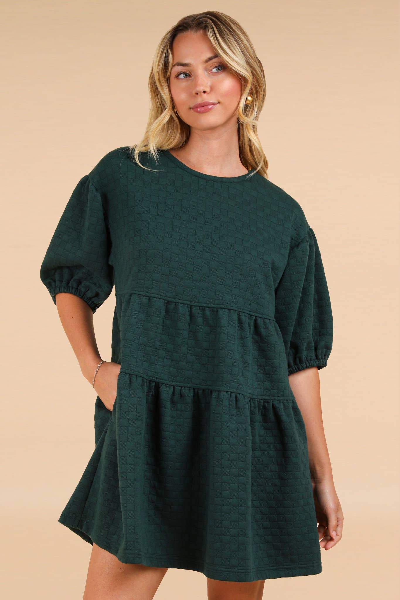 Quilted Knit Puff Sleeve Babydoll Mini Dress: Green