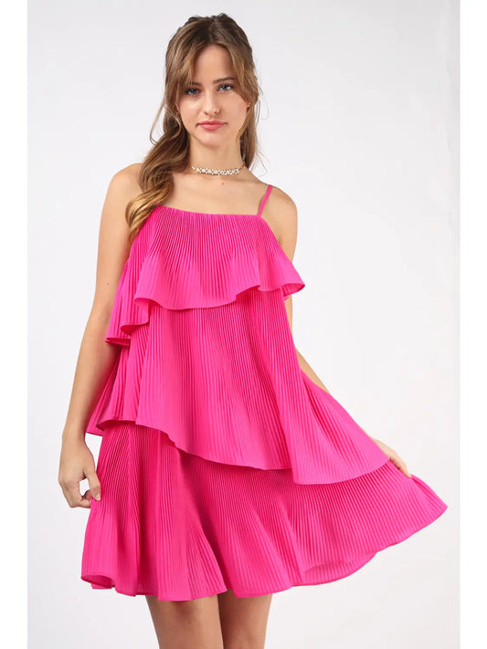 Asymmetrical Tiered Mini Dress- HOT PINK