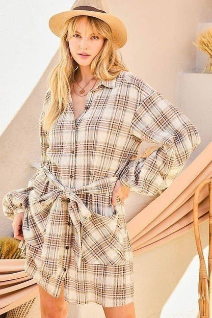 Bubble Sleeve Waist Belt Plaid Shirts Dress: TAUPE/BROWN