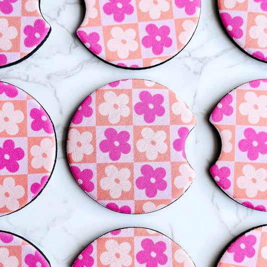 2 Car Coasters, Pink and Orange Checkered Daisy Design