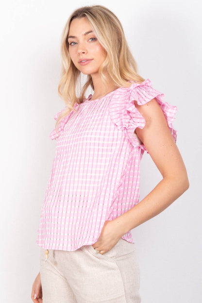 Layer Ruffle Sleeve Plaid Flannel Woven Top: Pink