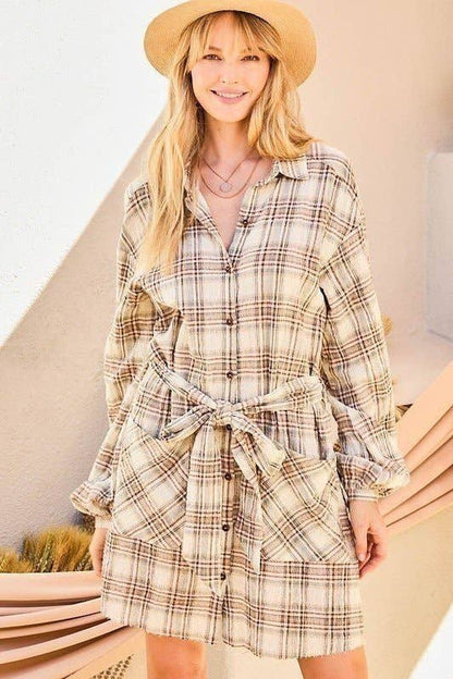 Bubble Sleeve Waist Belt Plaid Shirts Dress: TAUPE/BROWN