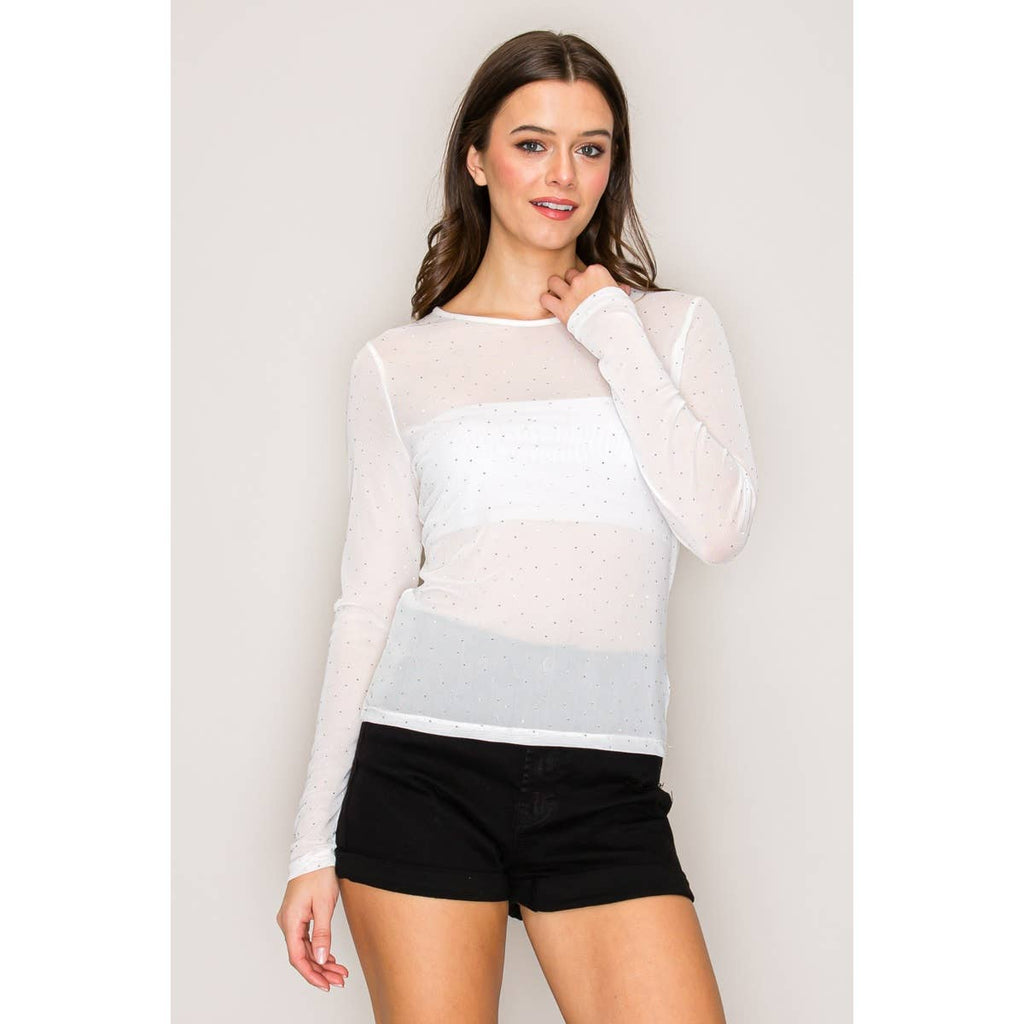Rhinestone Embellished Mesh Top: White