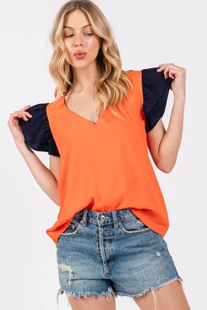 ORANGE NAVY V-NECK GAME DAY TOP