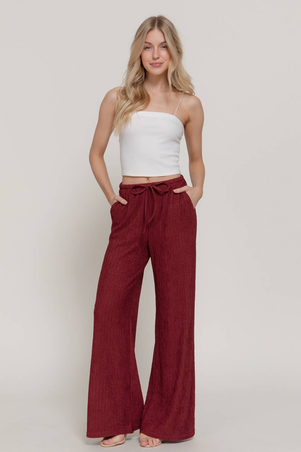 Crinkle Knit Long Pants: Wine