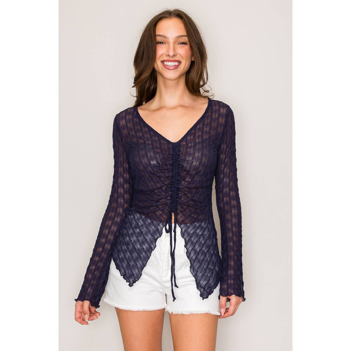Front Flyaway Long Sleeve Top: Navy