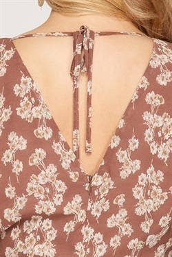 MOCHA FLORAL PRINT BUBBLE SLEEVES TOP