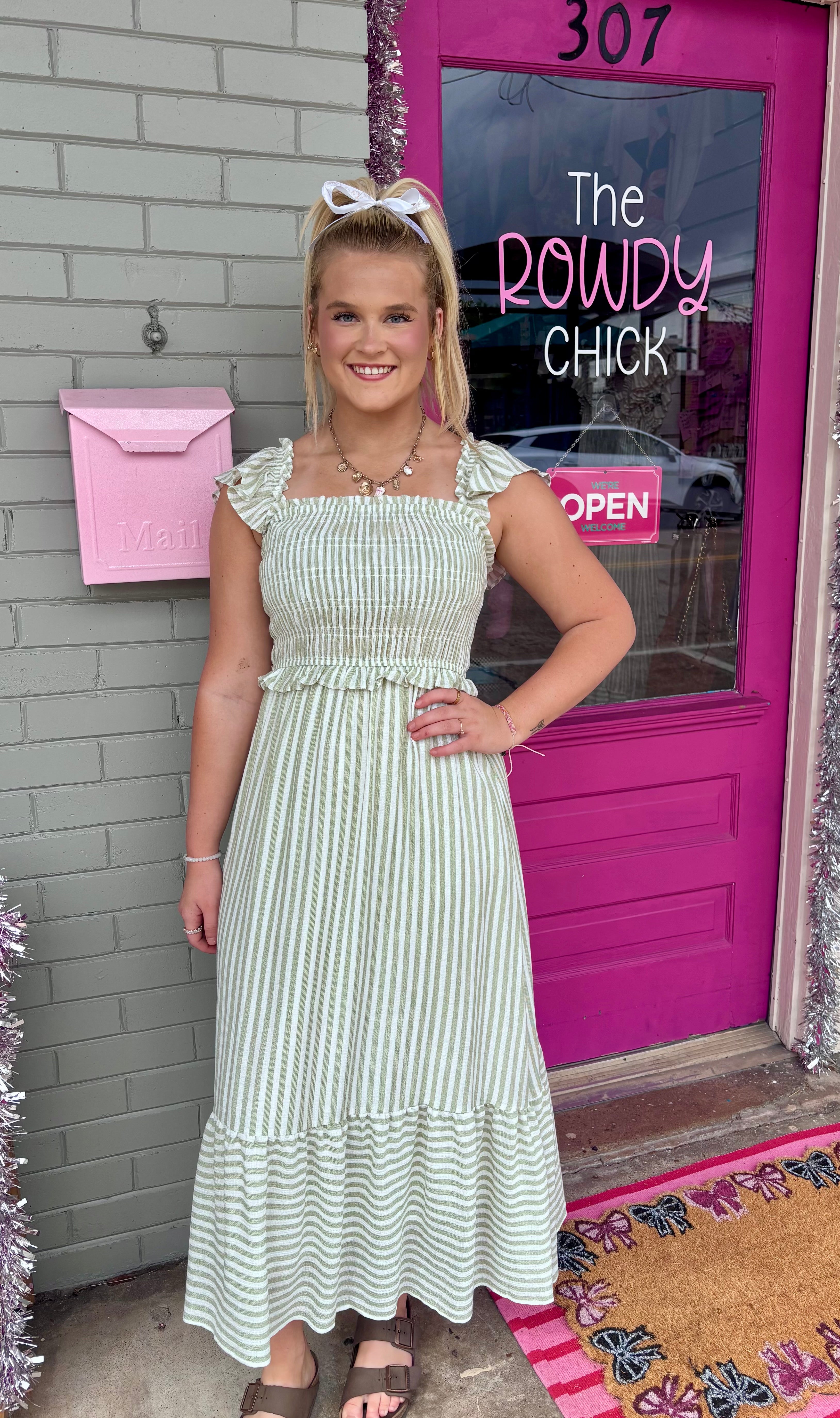 Sweet Stroll Striped Midi Dress: Light Olive