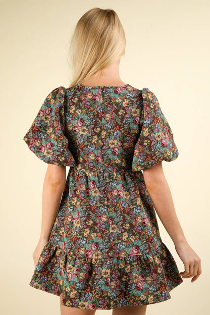Floral Jacquard Fabric Holiday Mini Dress: BEIGE MIX