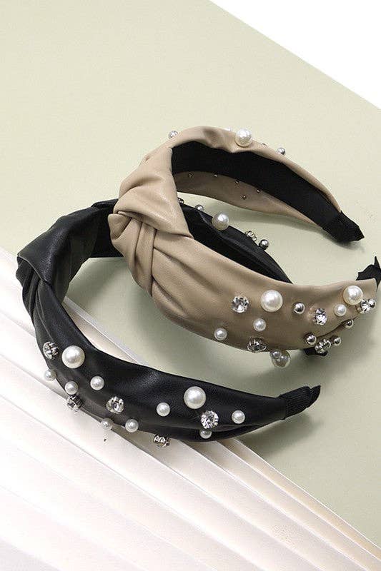 KNOTTED FAUX LEATHER PEARL RHINESTONE HAIR BANDS
