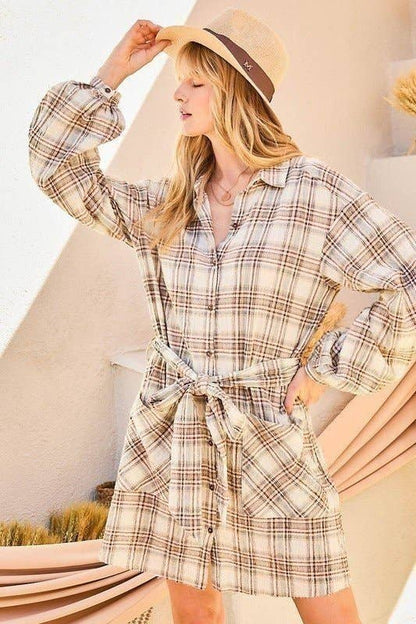 Bubble Sleeve Waist Belt Plaid Shirts Dress: TAUPE/BROWN