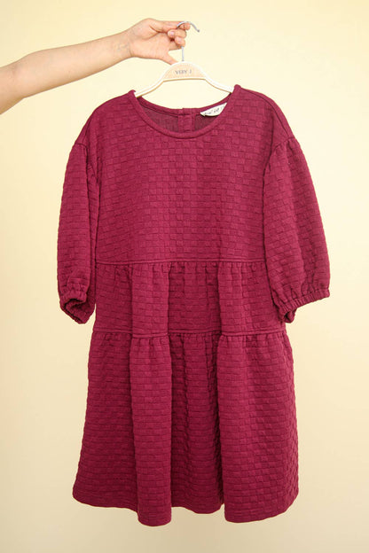 Quilted Knit Puff Sleeve Babydoll Dress PLUS SIZE: RASPBERRY