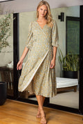 SALE: Floral print v-neck tie waist wrap dress: SAGE