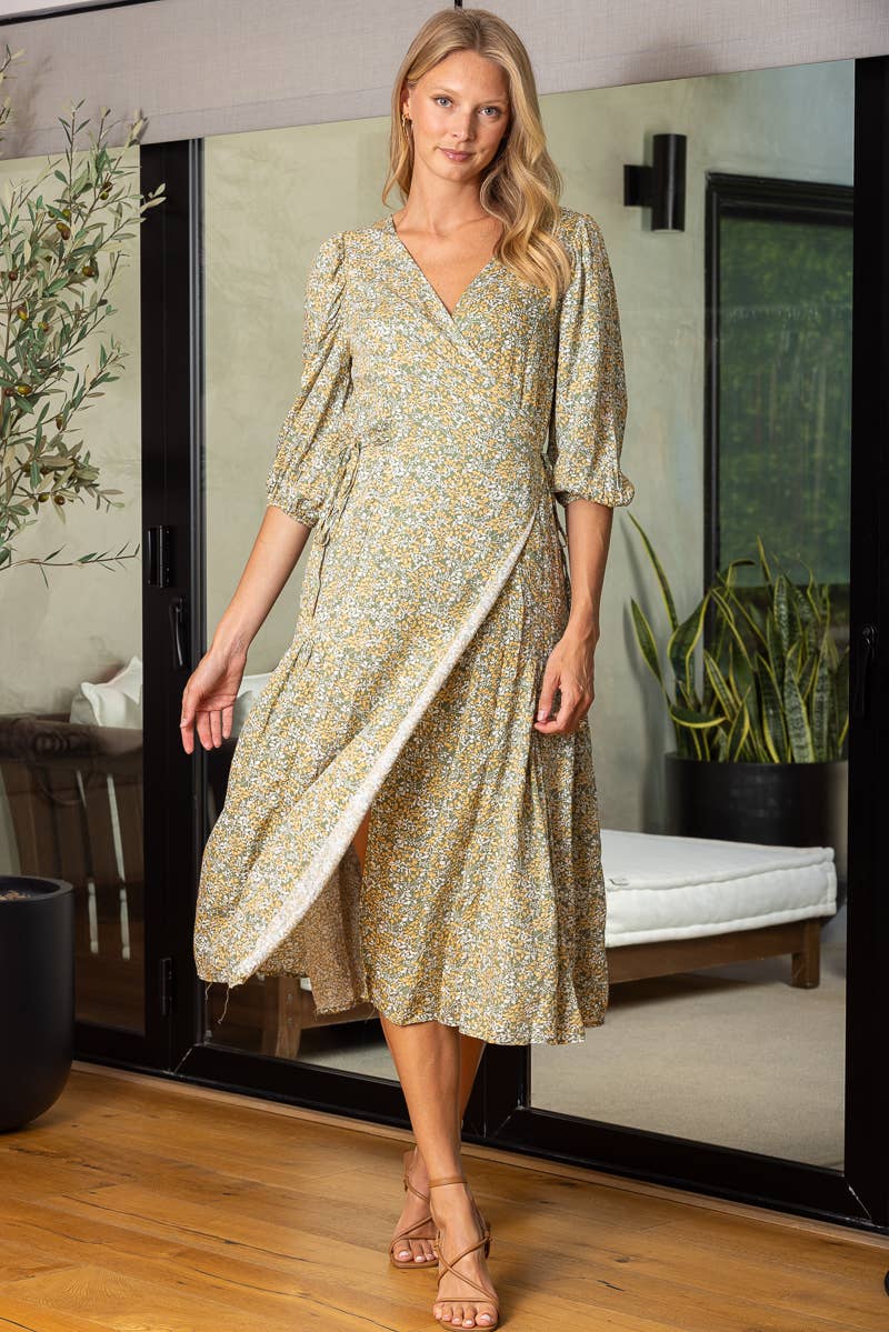 SALE: Floral print v-neck tie waist wrap dress: SAGE