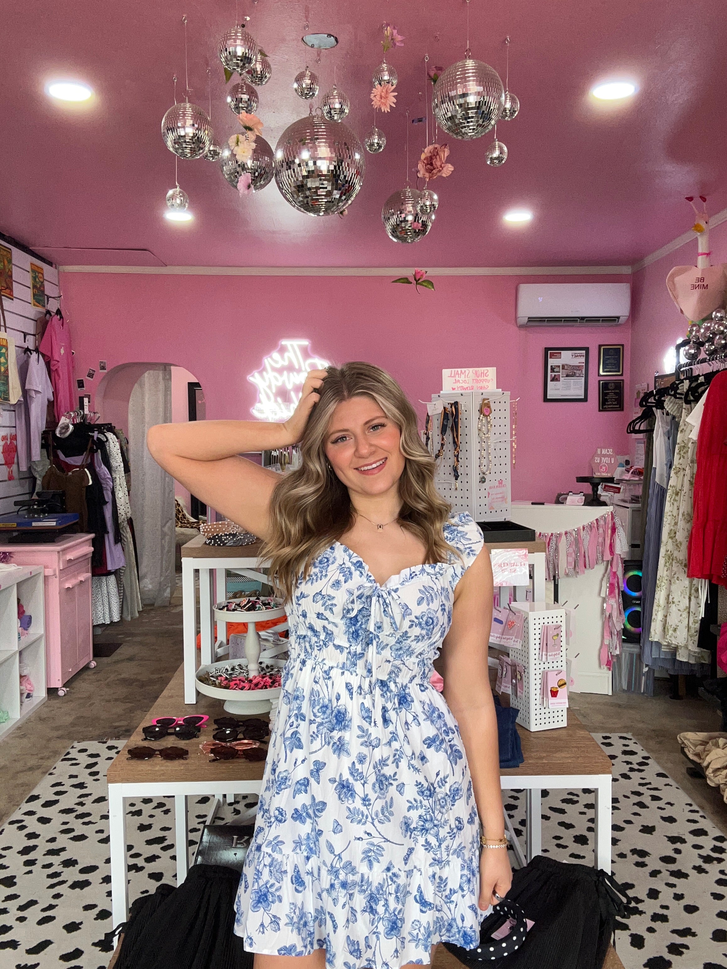 Flutter Strap Mini Dress: Hazel Blue Ivory