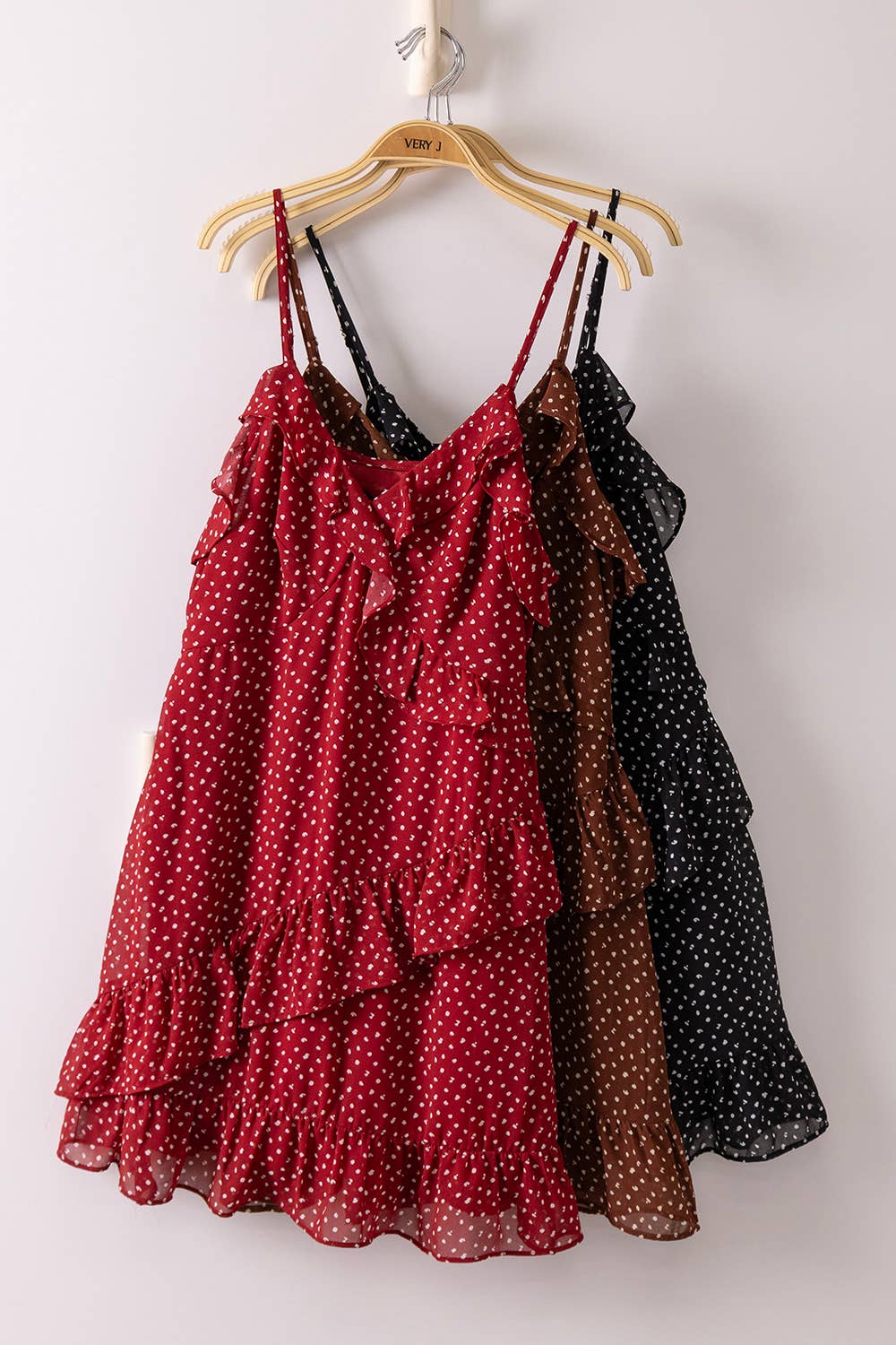 Ruffled Dotted Woven Mini Dress: RED DOT